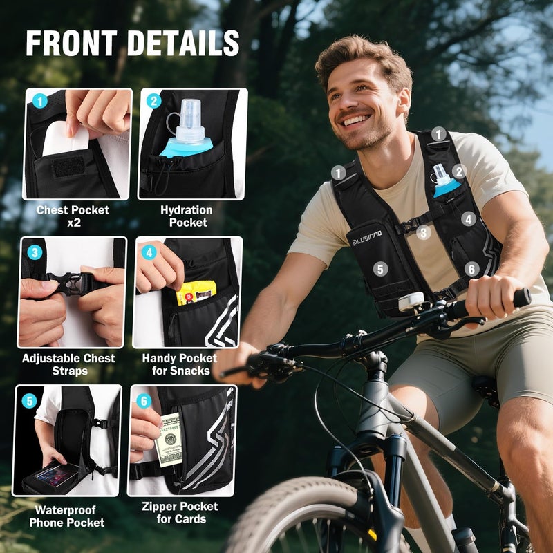 PLUSINNO Running Vest for Women Men, Running Hydration Vest with 500ml Soft Flask & Touch-Screen Phone Pocket, Reflective Lightweight Hydration Backpack for Hiking with Adjustable Chest Waist Straps - Image 2